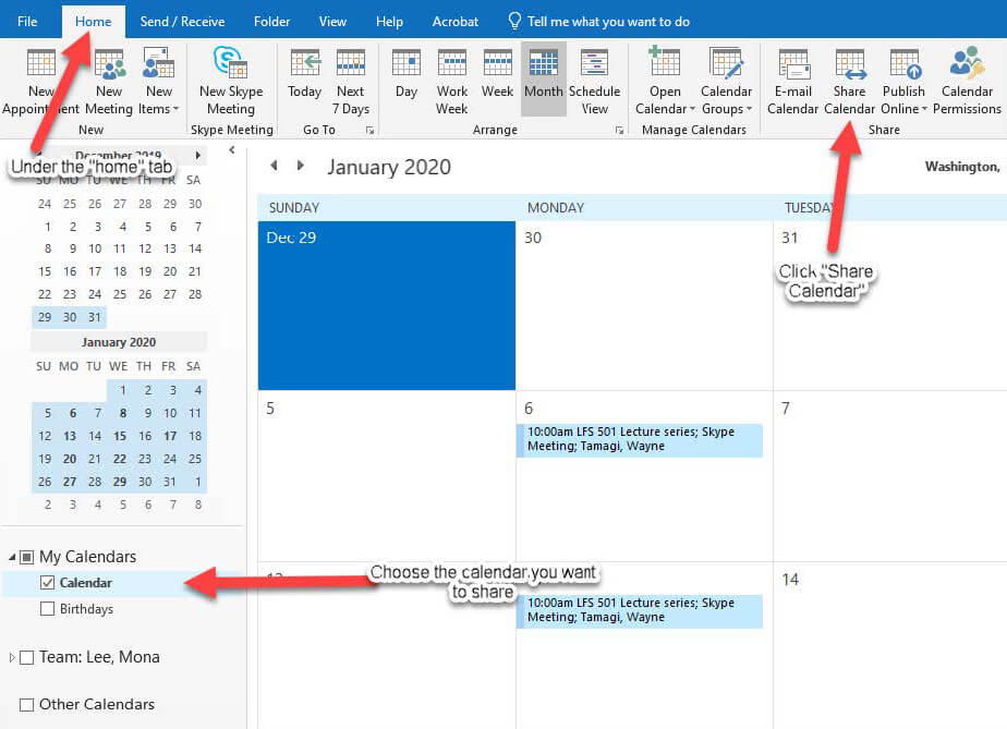 Windows Outlook share calendar
