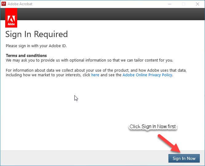 Adobe Acrobat sign in required window
